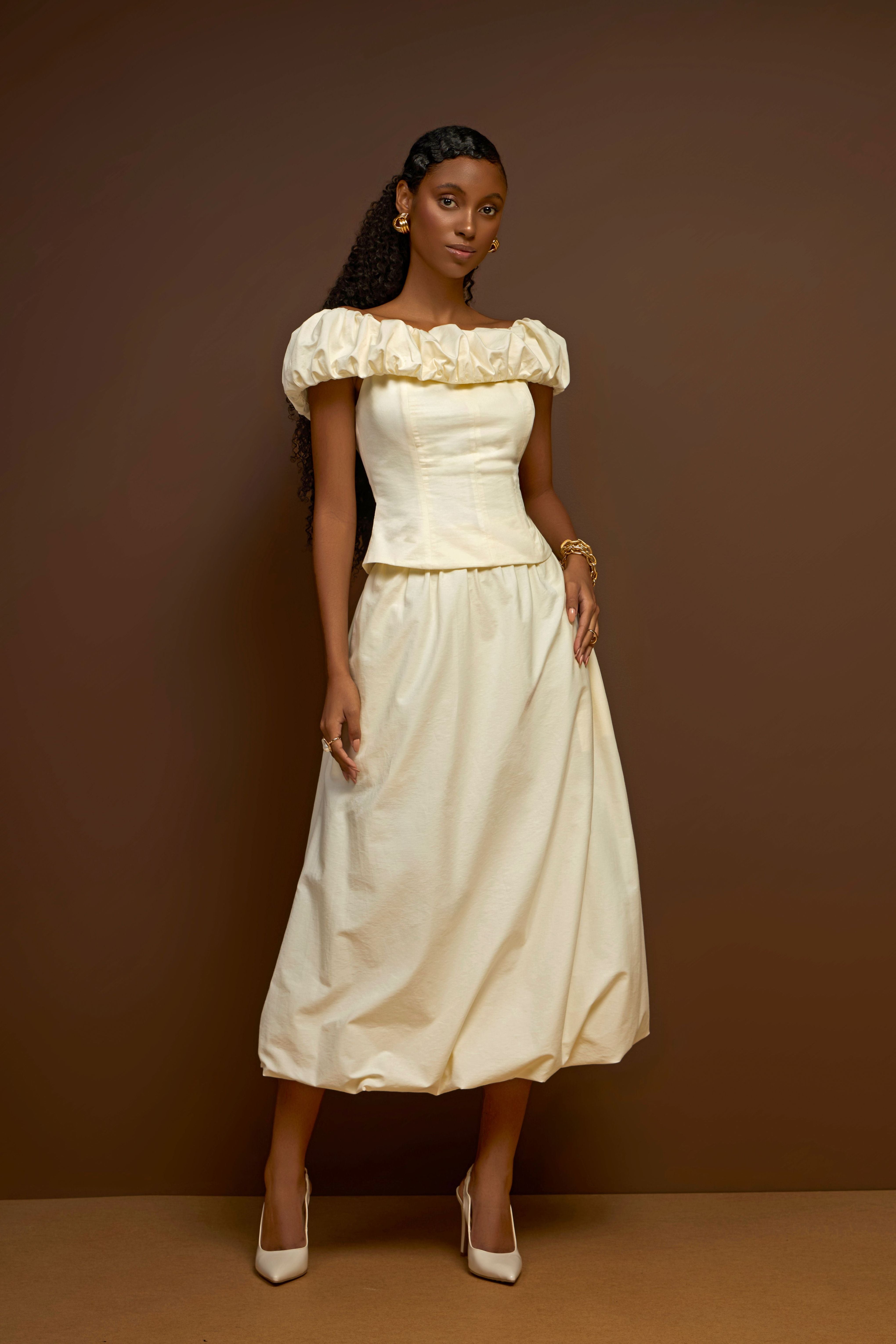 FALDA MIDI GLOBO BLANCO ROTO