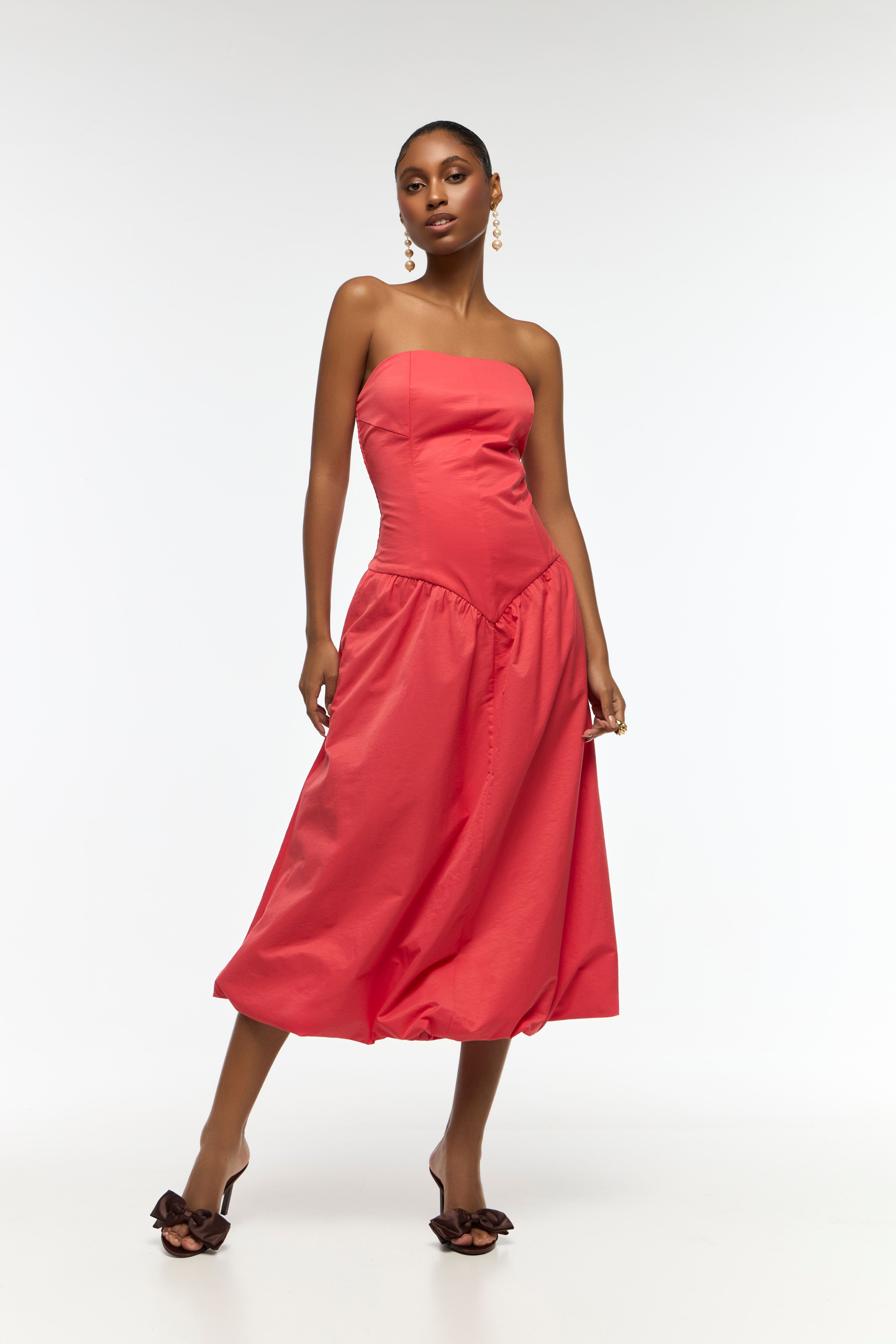 VESTIDO MIDI AVA GLOBO & PALABRA DE HONOR ROJO