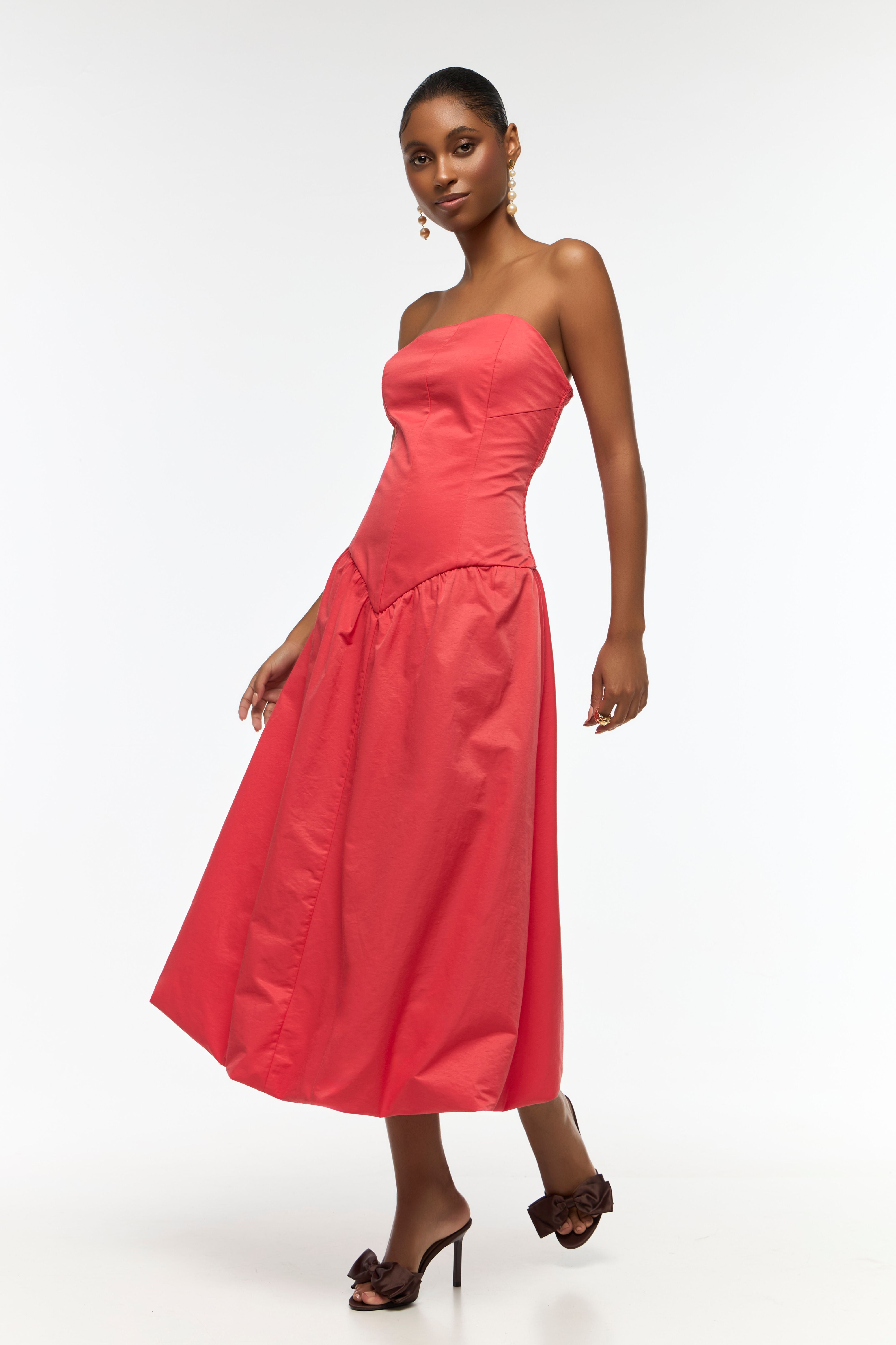 VESTIDO MIDI AVA GLOBO & PALABRA DE HONOR ROJO